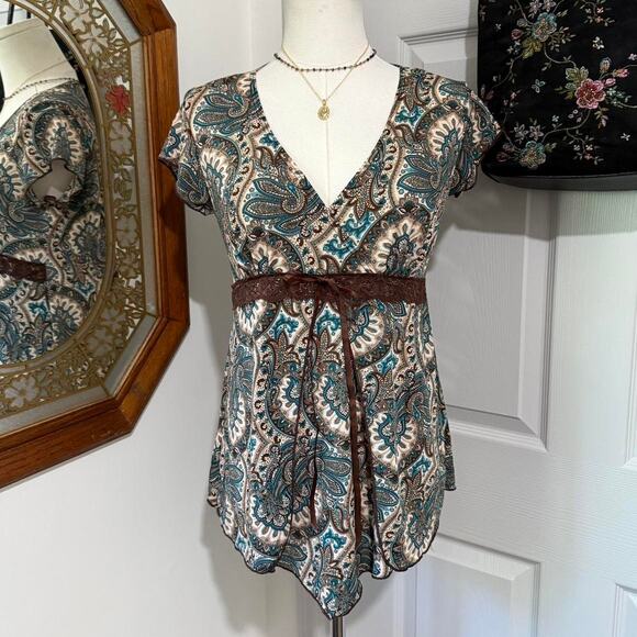 VTG Y2K Julie's Closet Dark Brown & Blue Paisley V Neck Layered Fairy Top S - Picture 1 of 7